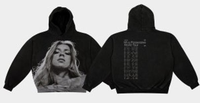 The Black Po Hoody AOP Photo from Utilita Arena Birmingham Shop by National Merchandise features a large black-and-white photo of a long-haired woman on the front and white text with event-like listing on the back.