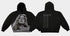 The Black Po Hoody AOP Photo from Utilita Arena Birmingham Shop by National Merchandise features a large black-and-white photo of a long-haired woman on the front and white text with event-like listing on the back.