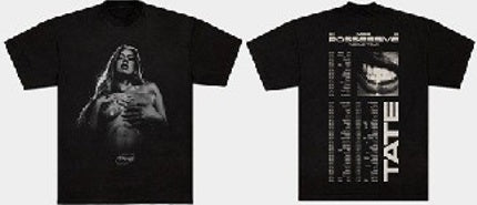 The Black T Photo by Utilita Arena Birmingham Shop features a grayscale woman photo on the front and, on the back, text, a grayscale mouth image, and TATE in bold white letters.