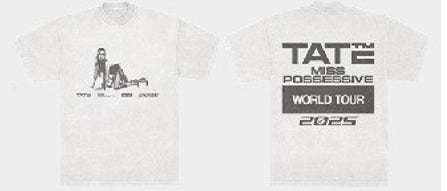 The White T Crawling from Utilita Arena Birmingham Shop features a front black-and-white graphic with THE MISS ON TOUR and bold TATE™ MISS POSSESSIVE WORLD TOUR 2025 text on the back.